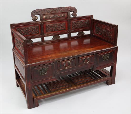 A Chinese red lacquer hall seat, W.3ft 9in.